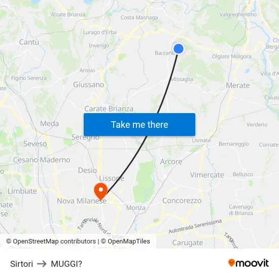 Sirtori to Muggiò map