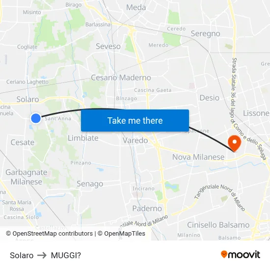 Solaro to Muggiò map