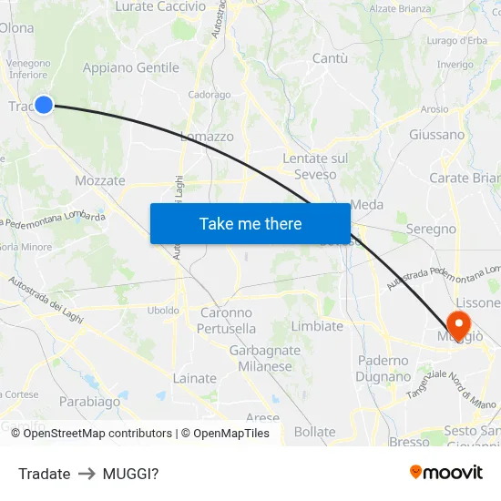 Tradate to Muggiò map