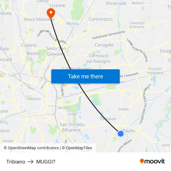 Tribiano to Muggiò map