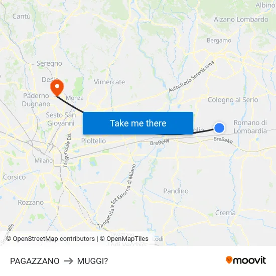 Pagazzano to Muggiò map