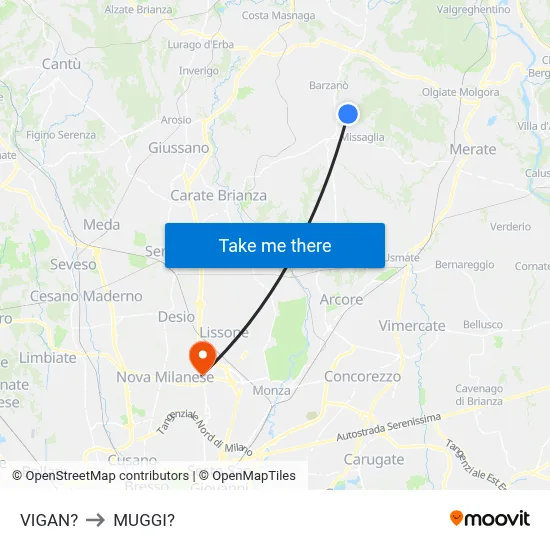 Vigano to Muggiò map