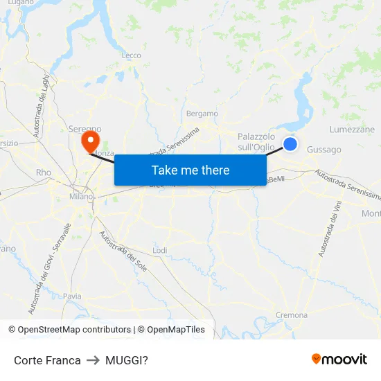 Corte Franca to Muggiò map