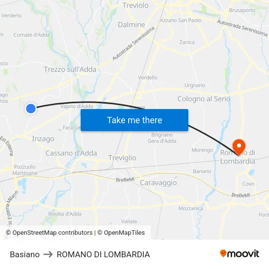 Basiano to Romano di Lombardia map