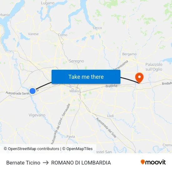 Bernate Ticino to Romano di Lombardia map