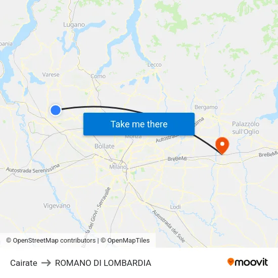 Cairate to Romano di Lombardia map