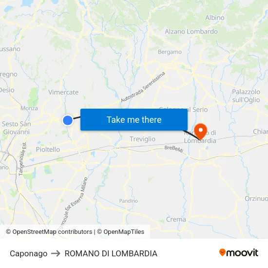 Caponago to Romano di Lombardia map