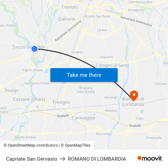 Capriate San Gervasio to Romano di Lombardia map