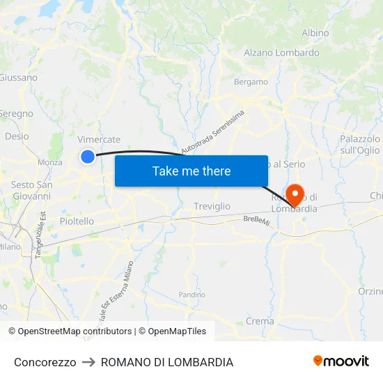 Concorezzo to Romano di Lombardia map