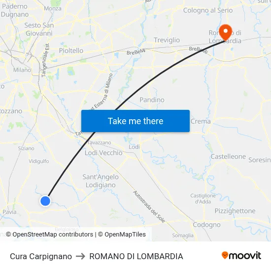 Cura Carpignano to Romano di Lombardia map