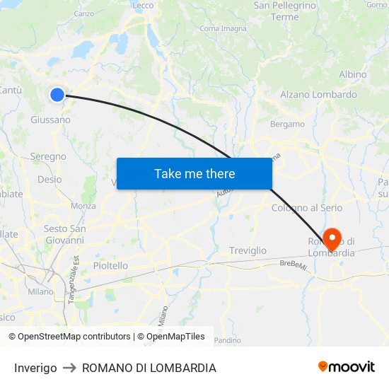 Inverigo to ROMANO DI LOMBARDIA map