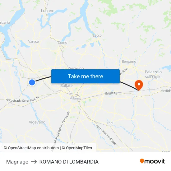 Magnago to Romano di Lombardia map