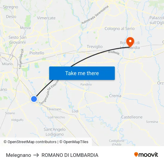 Melegnano to Romano di Lombardia map