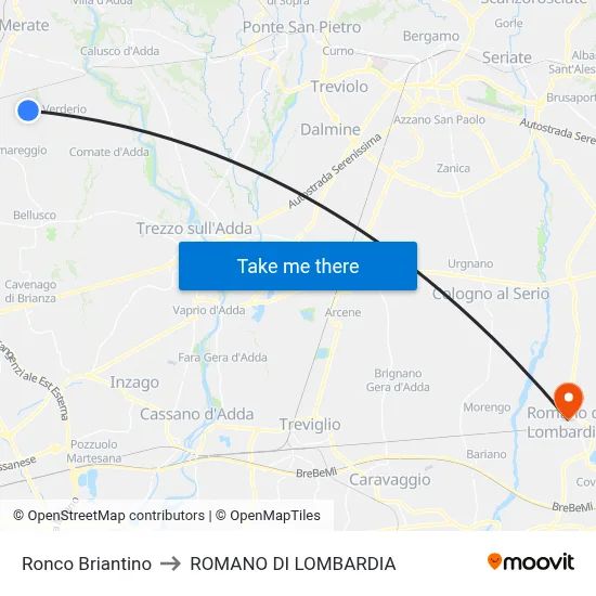 Ronco Briantino to Romano di Lombardia map