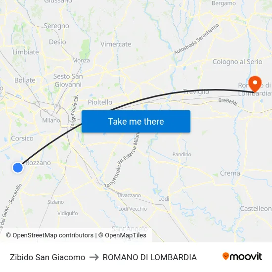 Zibido San Giacomo to Romano di Lombardia map