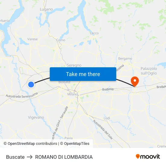 Buscate to Romano di Lombardia map