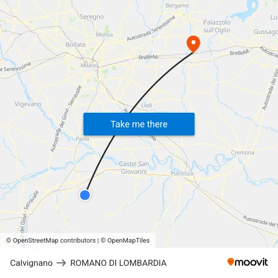 Calvignano to ROMANO DI LOMBARDIA map
