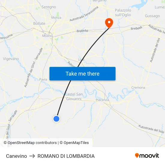 Canevino to Romano di Lombardia map