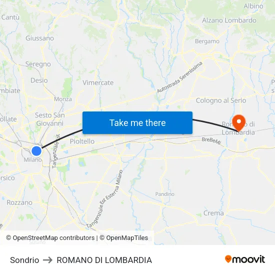 Sondrio to ROMANO DI LOMBARDIA map