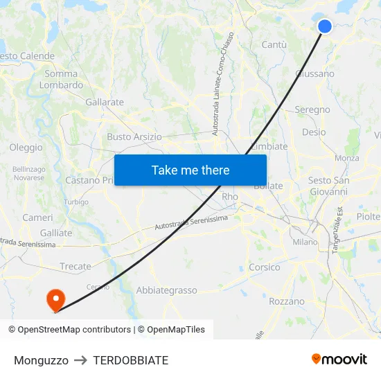Monguzzo to Terdobbiate map