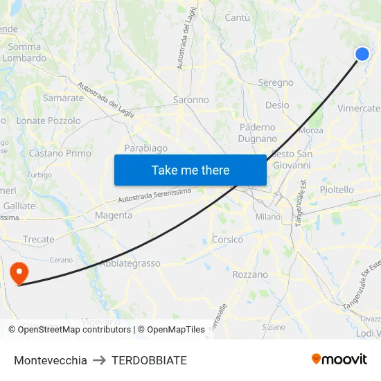 Montevecchia to Terdobbiate map