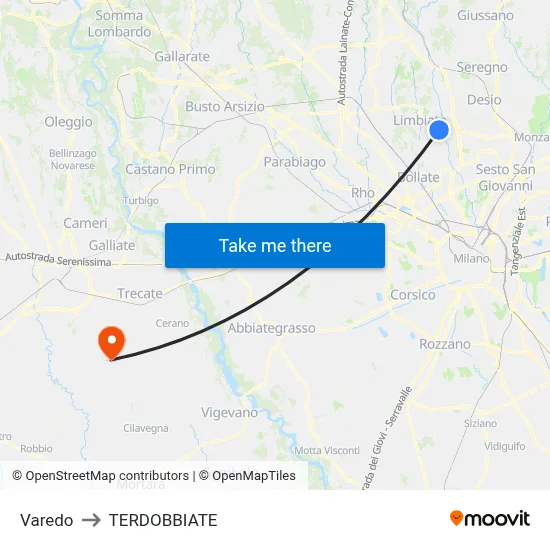 Varedo to Terdobbiate map