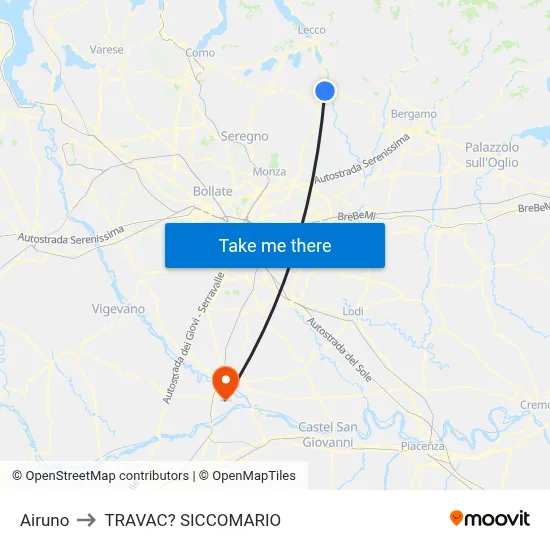 Airuno to Travacò Siccomario map