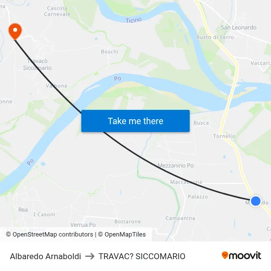 Albaredo Arnaboldi to Travacò Siccomario map