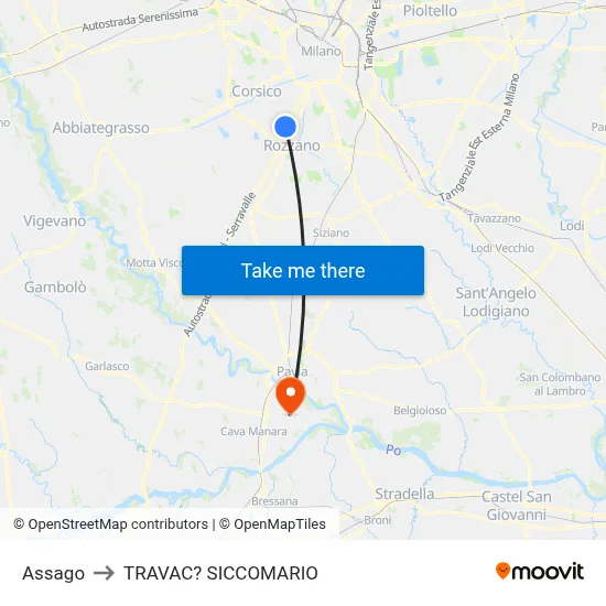 Assago to Travacò Siccomario map