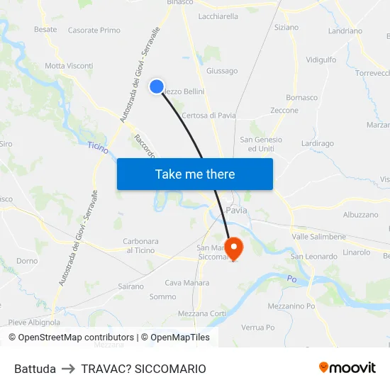 Battuda to Travacò Siccomario map