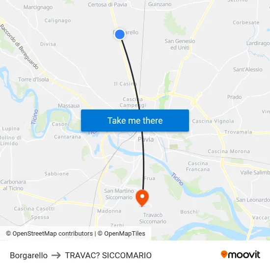 Borgarello to Travacò Siccomario map