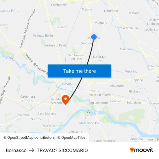 Bornasco to Travacò Siccomario map