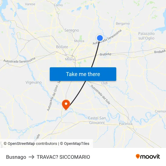 Busnago to Travacò Siccomario map