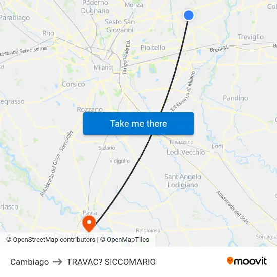 Cambiago to Travacò Siccomario map