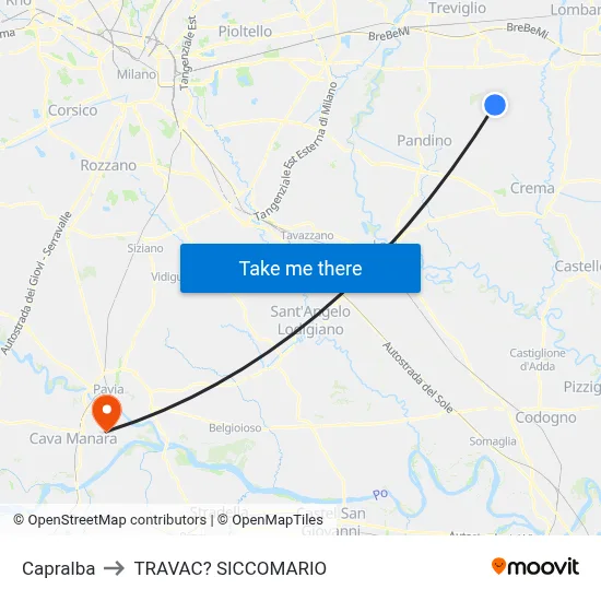 Capralba to Travacò Siccomario map