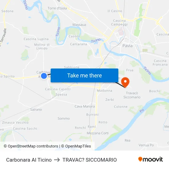 Carbonara Al Ticino to Travacò Siccomario map