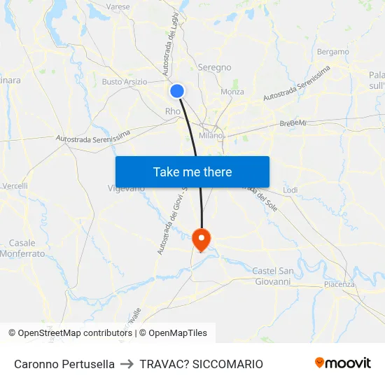 Caronno Pertusella to Travacò Siccomario map