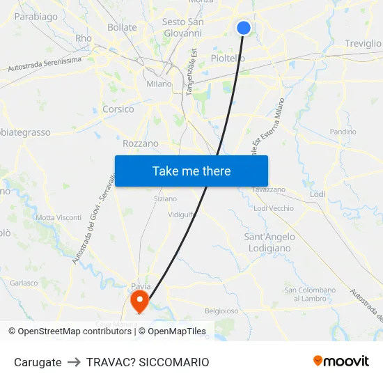Carugate to Travacò Siccomario map