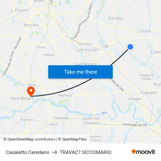 Casaletto Ceredano to Travacò Siccomario map