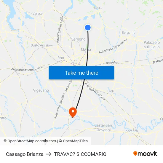 Cassago Brianza to Travacò Siccomario map