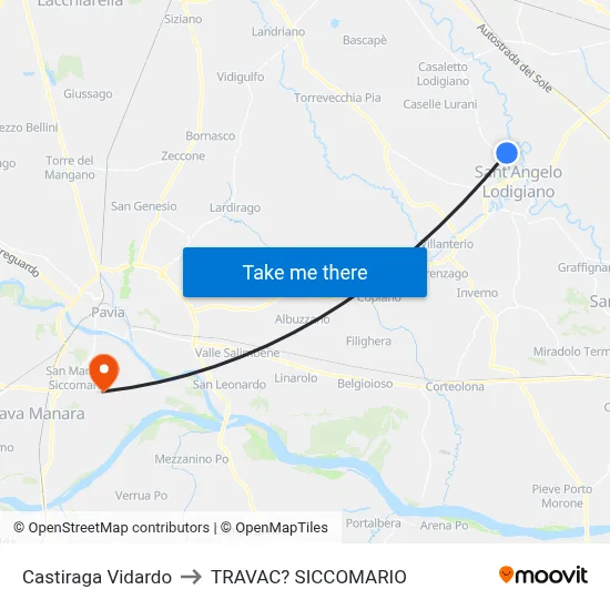 Castiraga Vidardo to Travacò Siccomario map