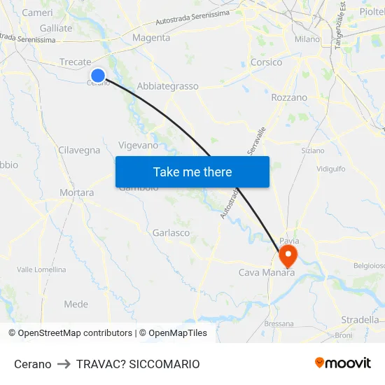 Cerano to Travacò Siccomario map