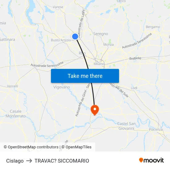 Cislago to Travacò Siccomario map