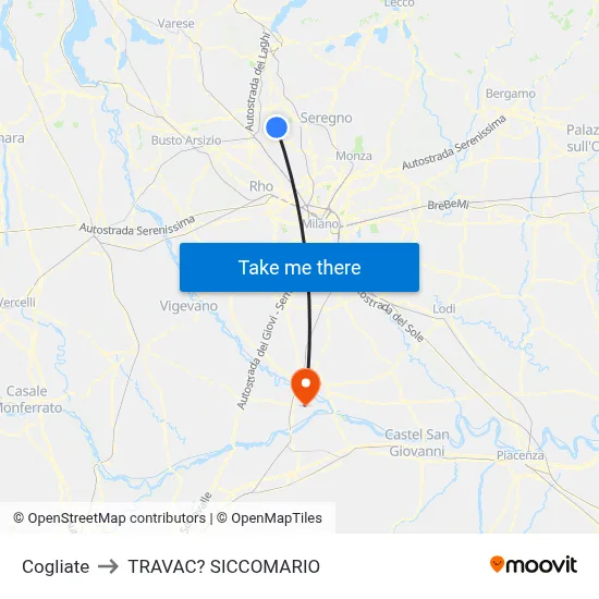 Cogliate to Travacò Siccomario map