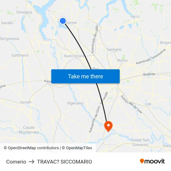 Comerio to Travacò Siccomario map