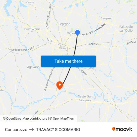 Concorezzo to Travacò Siccomario map