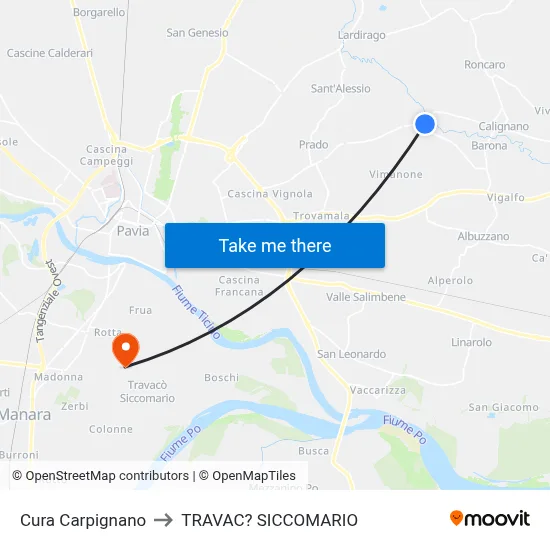 Cura Carpignano to Travacò Siccomario map
