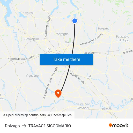 Dolzago to Travacò Siccomario map