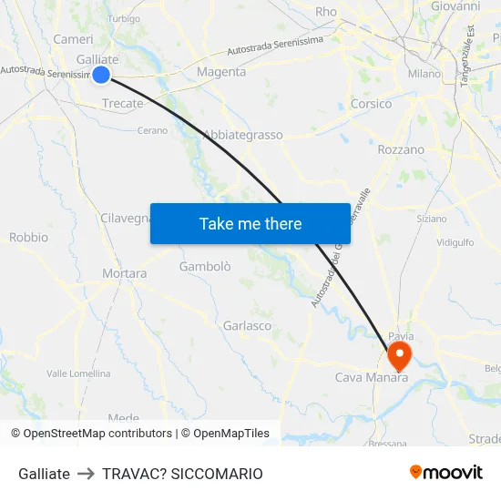 Galliate to Travacò Siccomario map