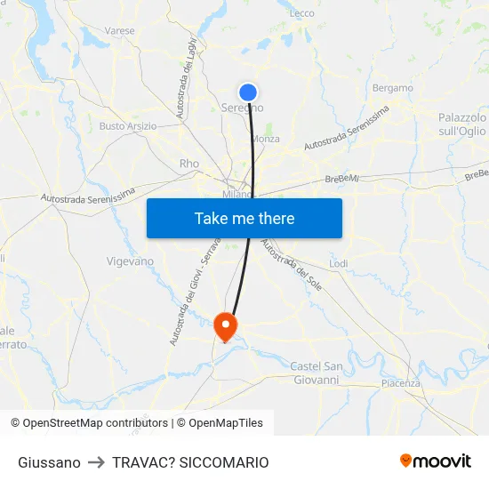 Giussano to Travacò Siccomario map